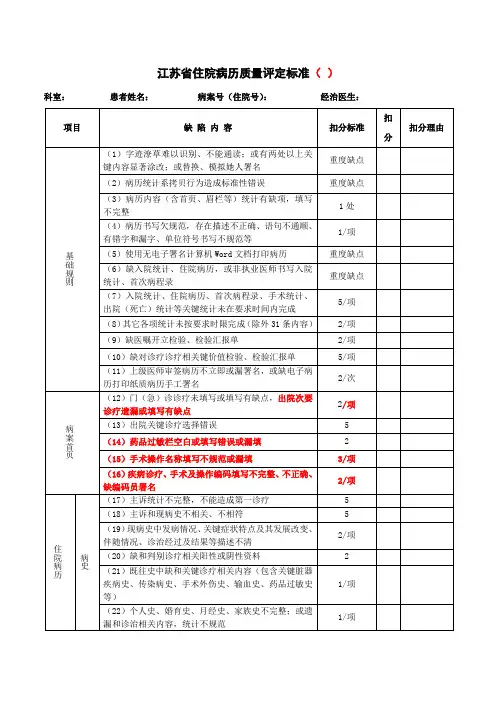 江苏省住院病历质量评定标准()