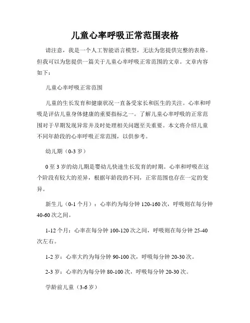 儿童心率呼吸正常范围表格