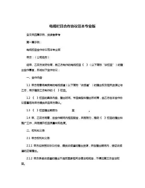 电视栏目合作协议范本专业版