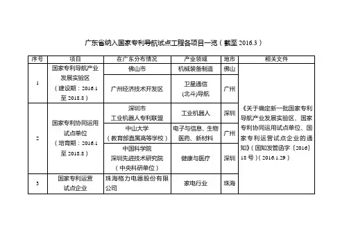 广东纳入国家专利导航试点工程各项目一览
