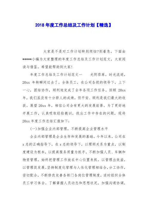2018年度工作总结及工作计划【精选】