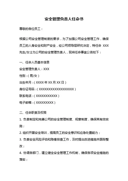 安全管理负责人任命书