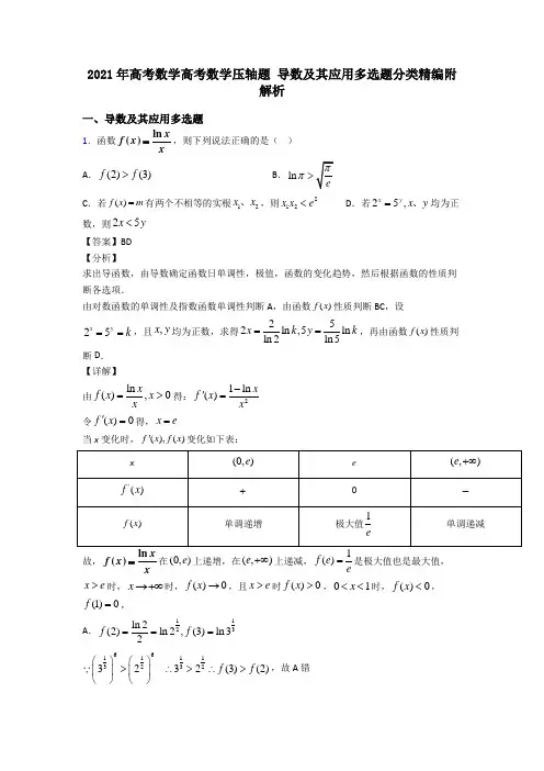 2021年高考数学高考数学压轴题 导数及其应用多选题分类精编附解析