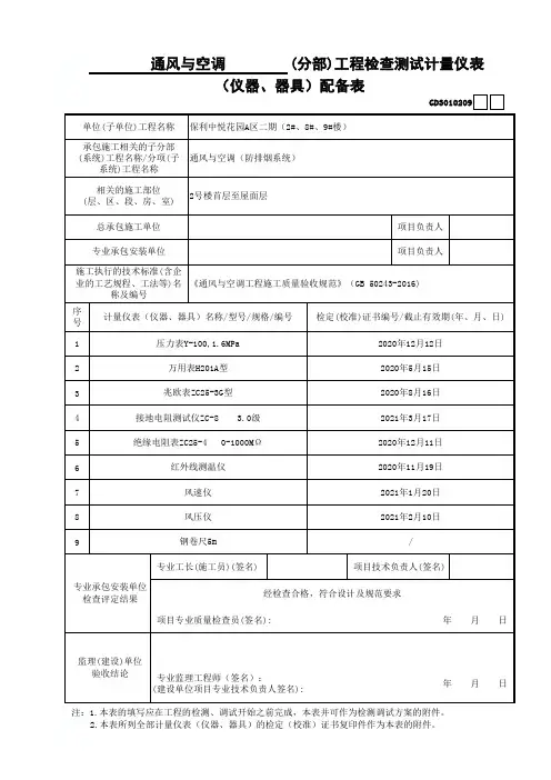 建筑设备安装通风与空调工程防排烟系统7、分部工程检查测试计量仪表(仪器、器具)配备表 GD3010209
