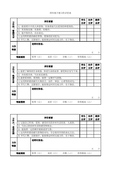 四年级下册习作评价表