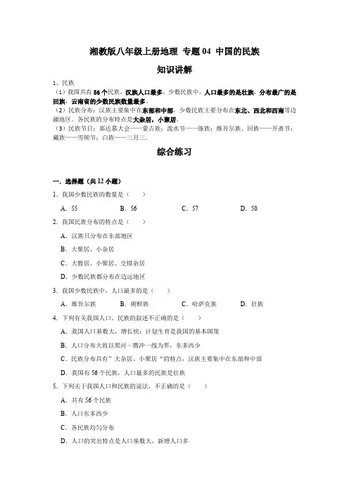 湘教版地理八年级上册期末高分突破 专题04 中国的民族(原卷版)