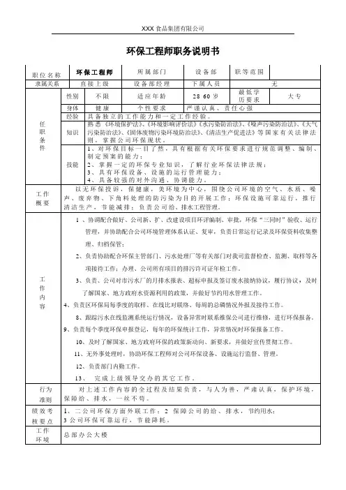 环保工程师职务说明书