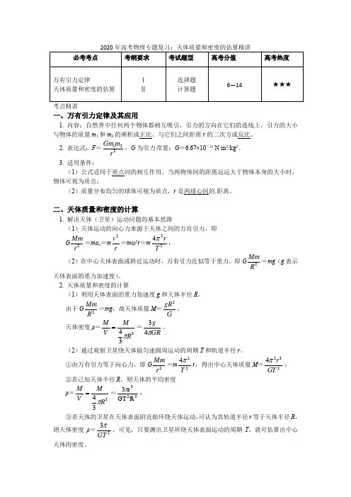 2020年高考物理专题复习：天体质量和密度的估算精讲