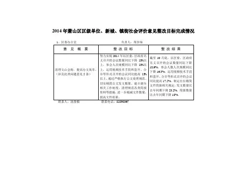 2014年萧山区区级单位、新城、镇街社会评价意见整改目标完