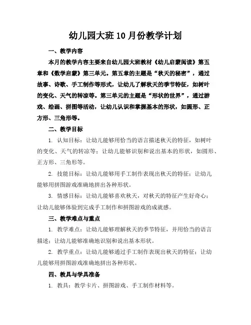 幼儿园大班10月份教学计划