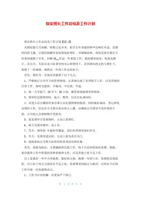 保安班长工作总结及工作计划