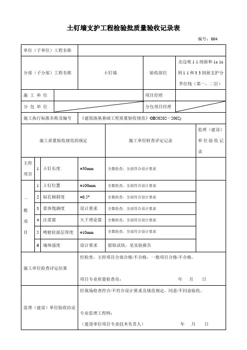 锚杆支护工程检验批质量验收记录表
