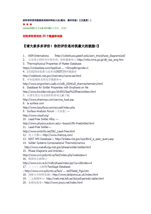 材料学科常用数据库列表和网站大全