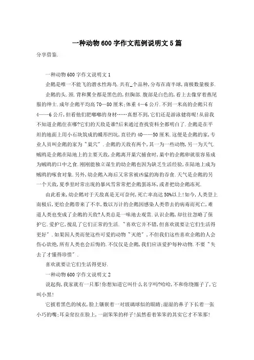 一种动物600字作文范例说明文5篇