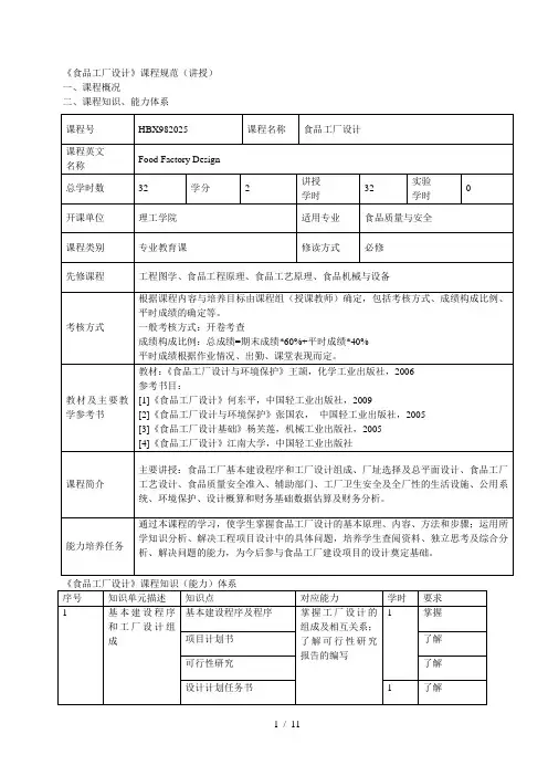 《食品工厂设计》课程规范(讲授)