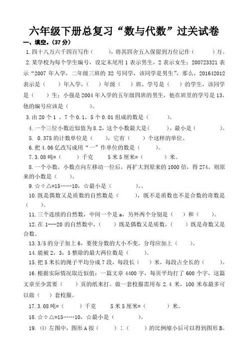 苏教版六年级数学下册总复习数与代数过关试卷