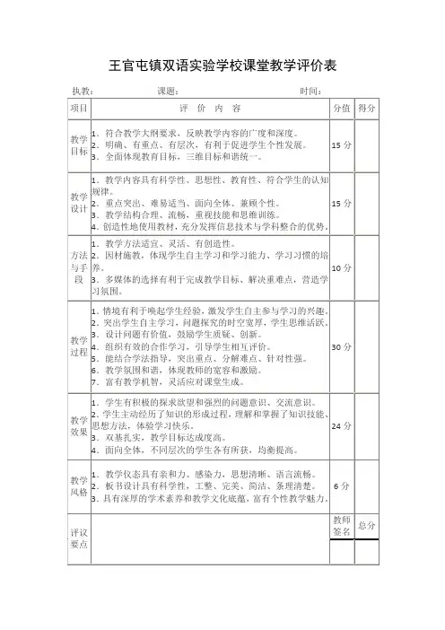 中学数学课堂教学评价表