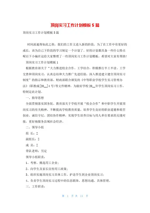 顶岗实习工作计划模板5篇
