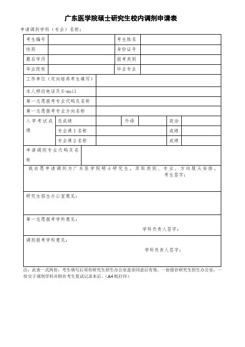 广东医学院硕士研究生校内调剂申请表【模板】