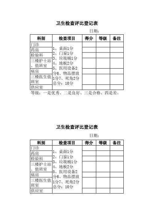 卫生检查评比登记表