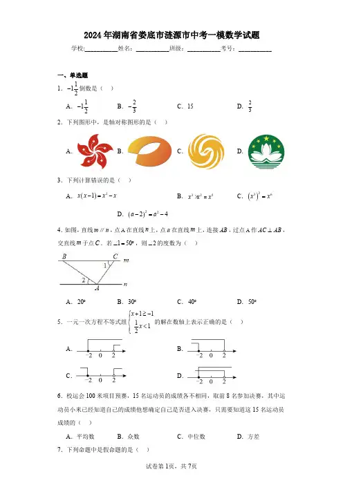 2024年湖南省娄底市涟源市中考一模数学试题