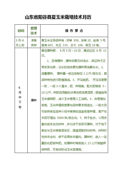 山东省阳谷县夏玉米栽培技术月历