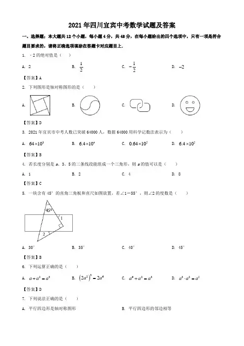 2021年四川宜宾中考数学试题及答案