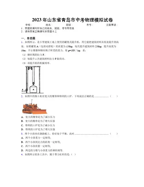2023年山东省青岛市中考物理模拟试卷及解析