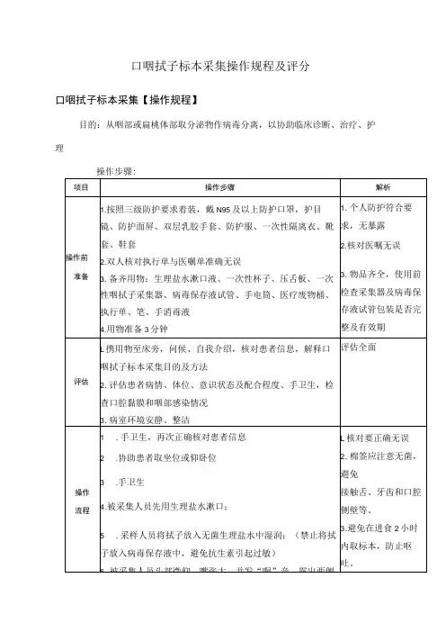 口咽拭子标本采集操作规程及评分