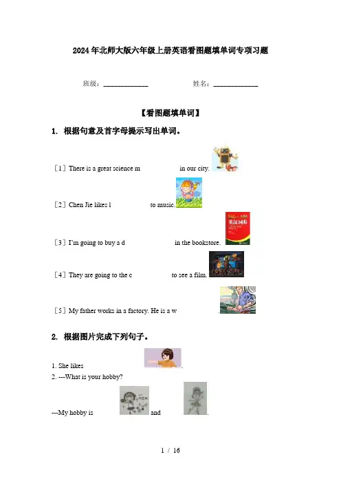 2024年北师大版六年级上册英语看图题填单词专项习题