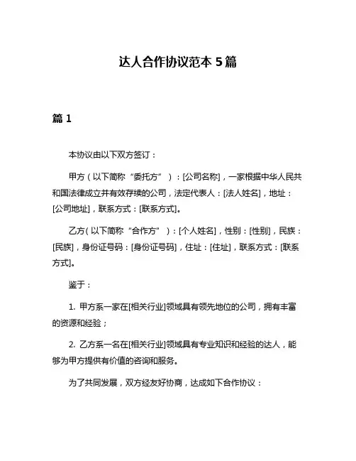 达人合作协议范本5篇