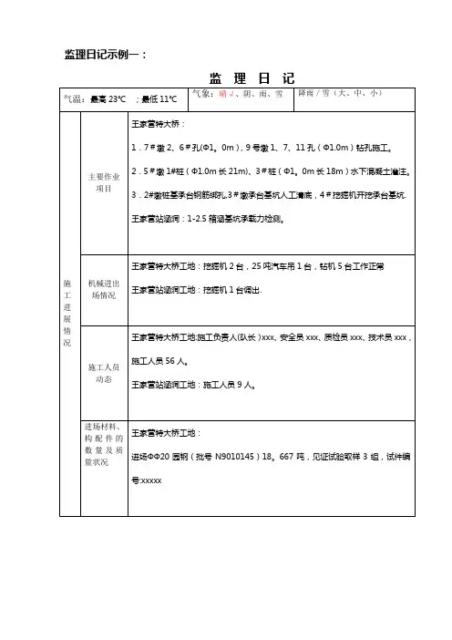 监理施工日志填写示例