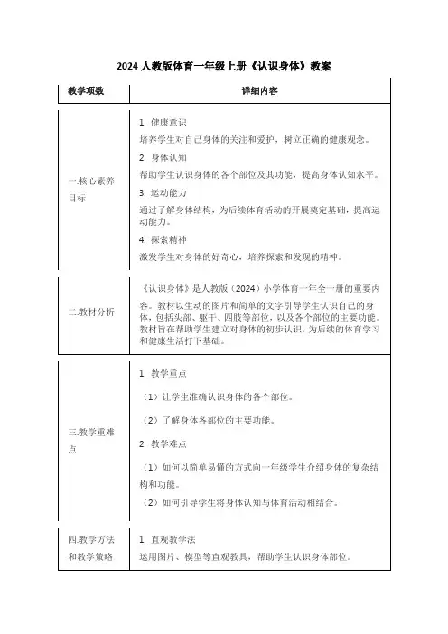 最新2024人教版体育一年级上册《认识身体》教案(教学设计)
