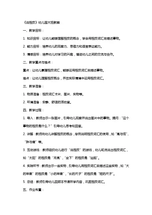 《说相反》幼儿园大班教案