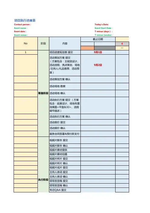 活动项目执行进度表模板