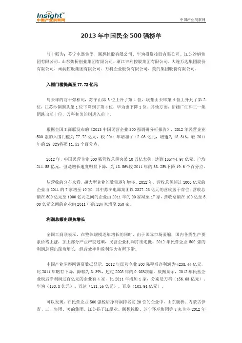 2013年中国民企500强榜单