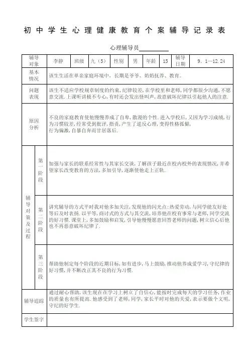 初中学生心理健康教育个案辅导记录表