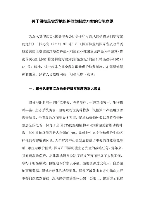 关于贯彻落实湿地保护修复制度方案的实施意见