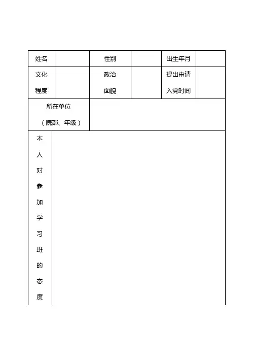 学生党的基本知识培训班学员登记表
