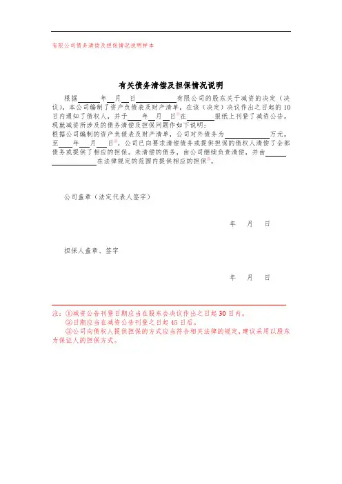 债务清偿及债务担保情况的说明(减资)