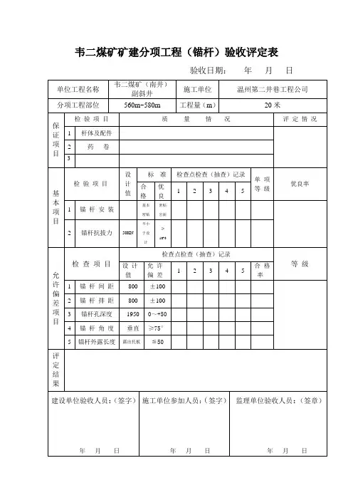 韦二煤矿矿建分项工程(锚杆)验收评定表