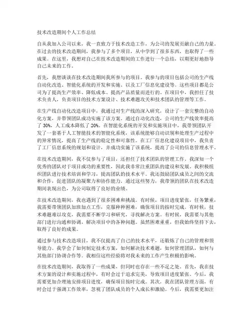 技术改造期间个人工作总结