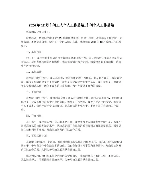 2024年12月车间工人个人工作总结_车间个人工作总结