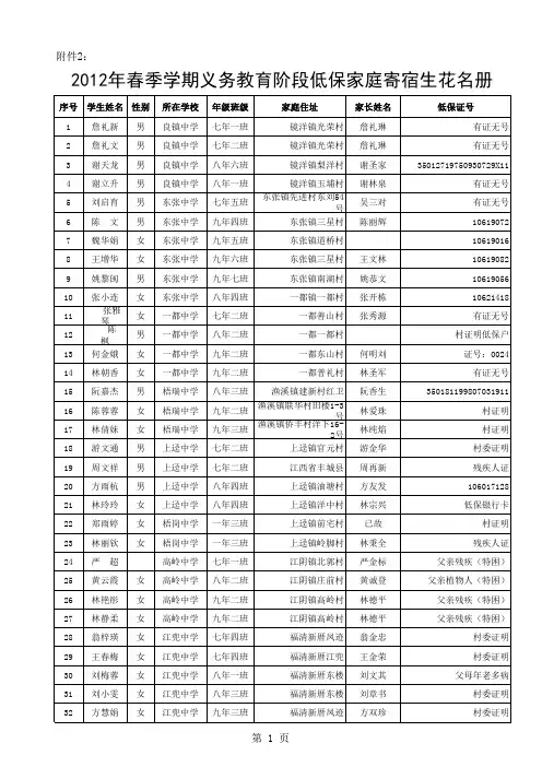 低保家庭寄宿生花名册