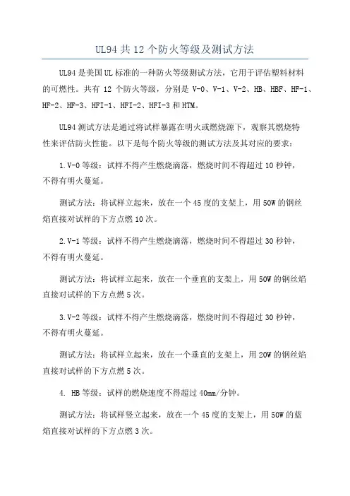 UL94共12个防火等级及测试方法