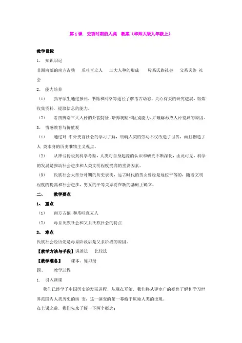 第1课  史前时期的人类  教案(华师大版九年级上)