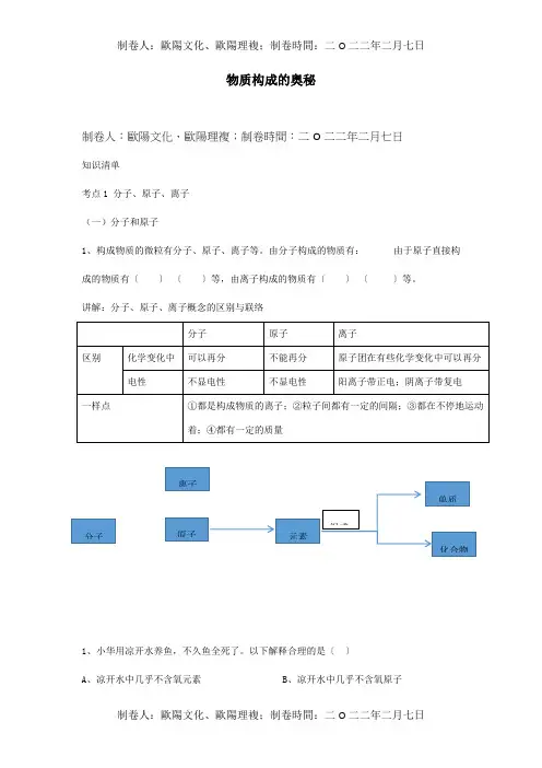 中考化学分类专项复习物质构成的奥秘试题