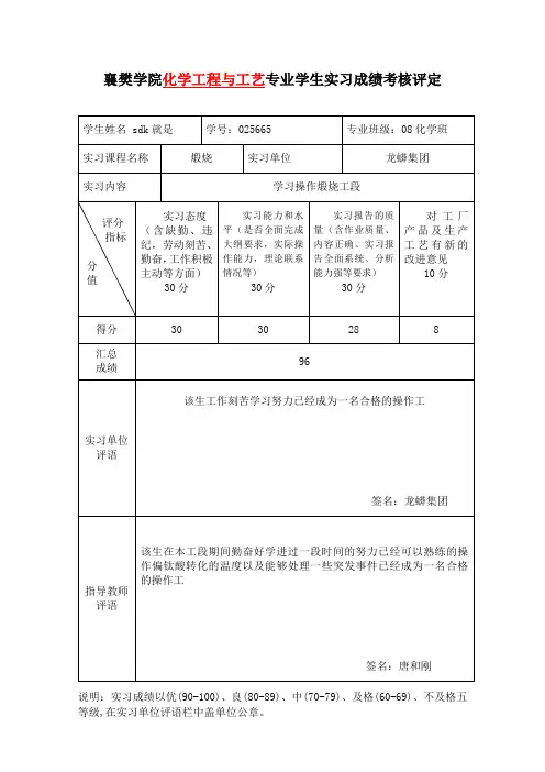学生实习成绩考核评定表