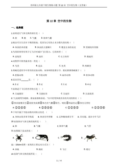 苏科版七年级下册生物练习题 第12章 空中的生物(无答案)