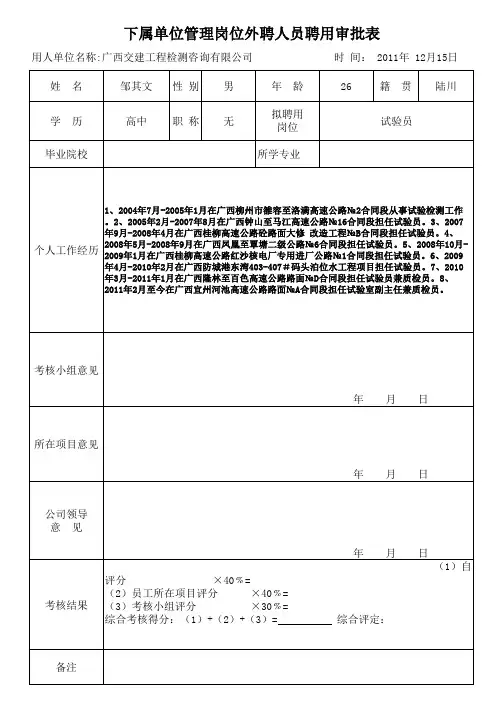 下属外聘管理岗位外聘人员聘用审批表
